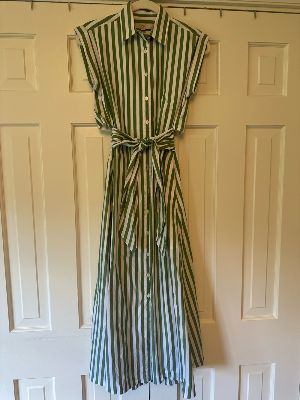 Loft Button-Front Green & White Striped Shirt Dress with Tie Waist
